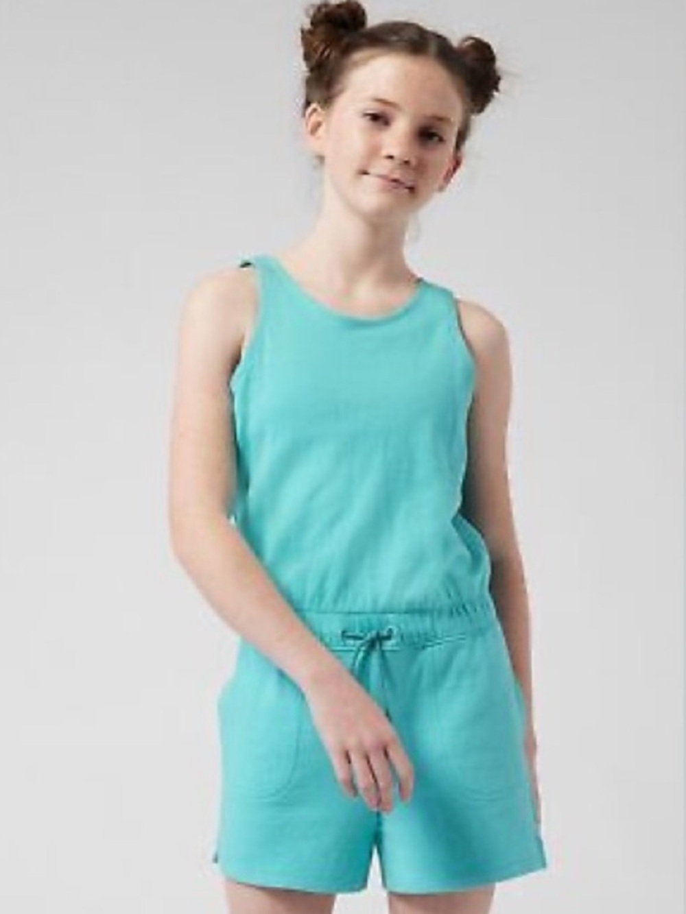 NWT Athleta Girls Aqua Blue Havin A Great Time Tank Romper W/Hair Tie